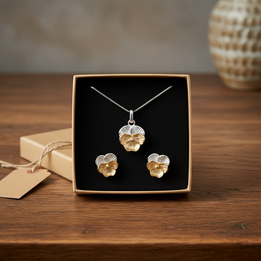 Violet Flower Jewellery Set in Sterling Silver & 18 Carat Rose Gold Vermeil | February Birth Flower Gift Set - Twelve Silver Trees