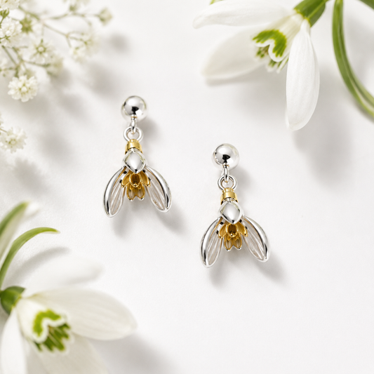 Snowdrop Drop Stud Earrings in Sterling Silver & Gold - Twelve Silver Trees