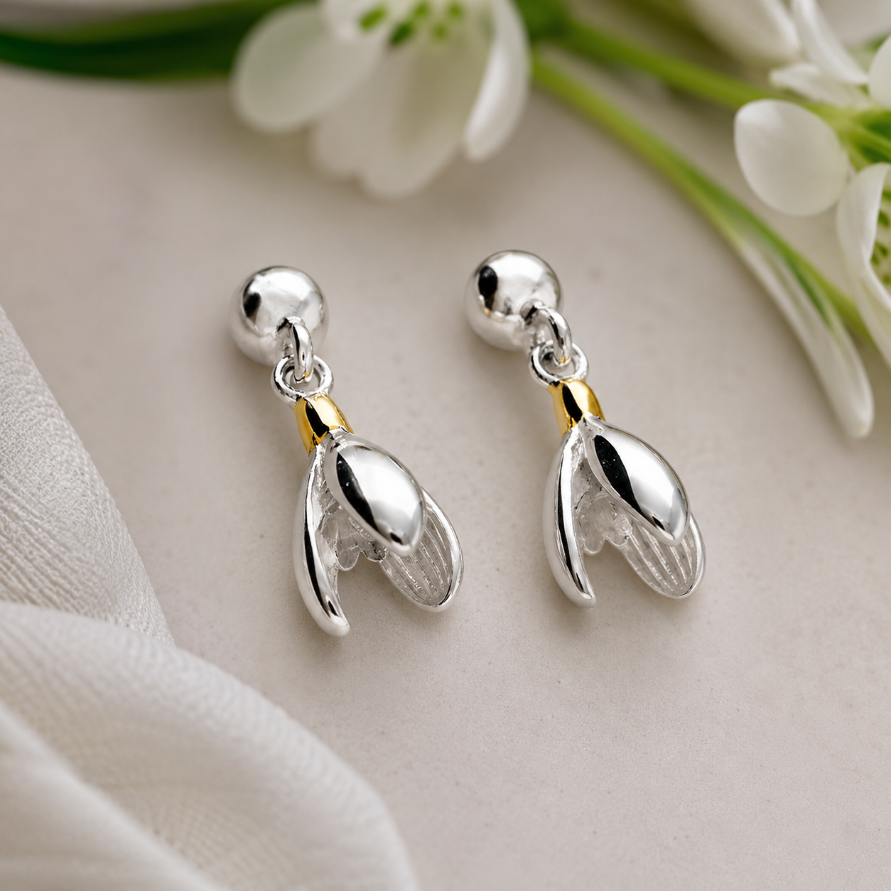 Snowdrop Drop Stud Earrings in Sterling Silver & Gold - Twelve Silver Trees