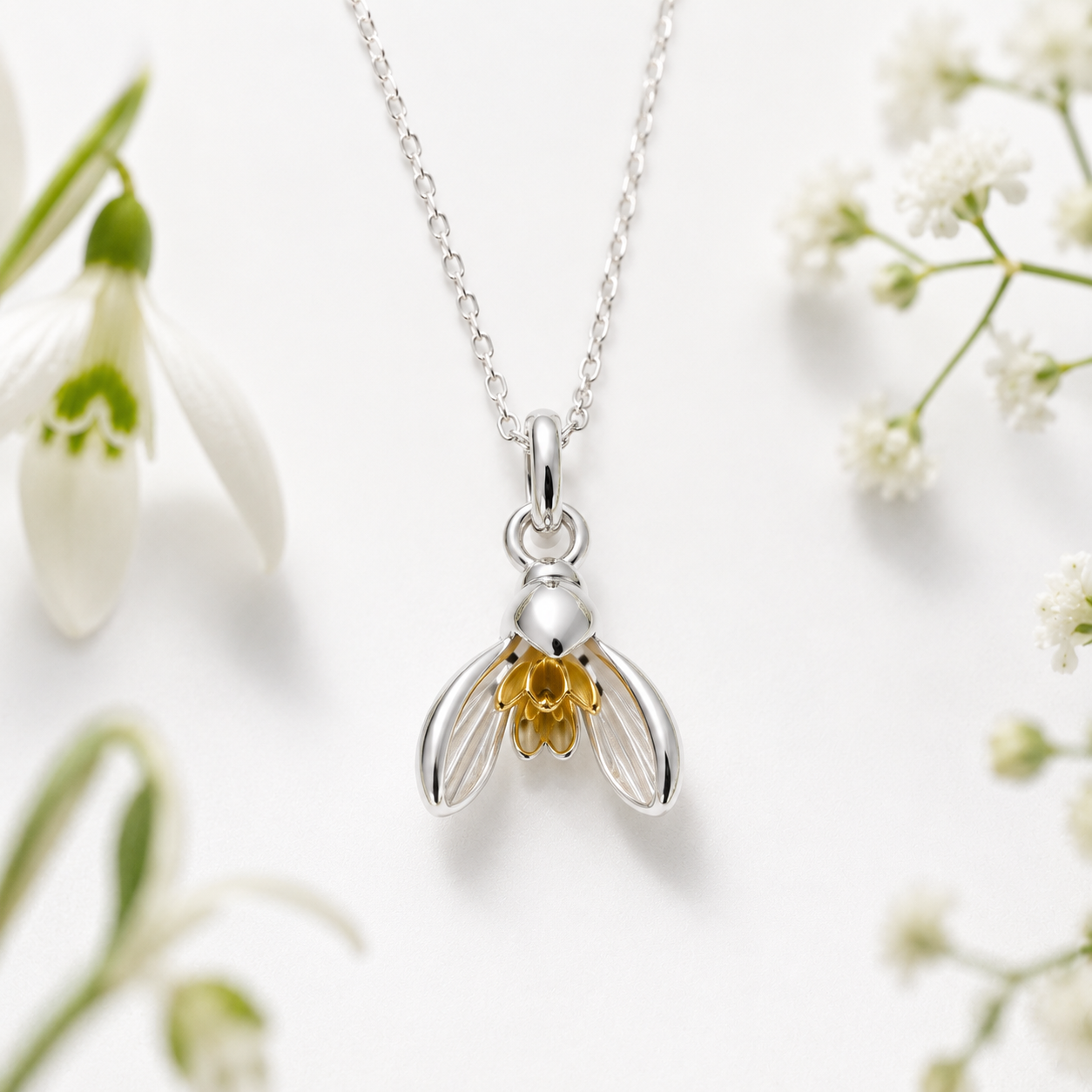Snowdrop Flower Charm Pendant Necklace in Sterling Silver & Gold - Twelve Silver Trees
