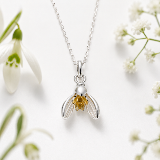Snowdrop Flower Charm Pendant Necklace in Sterling Silver & Gold