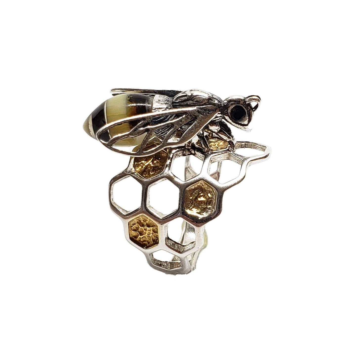 Multi Colour Amber Sterling Silver Bee Adjustable Ring - Twelve Silver Trees