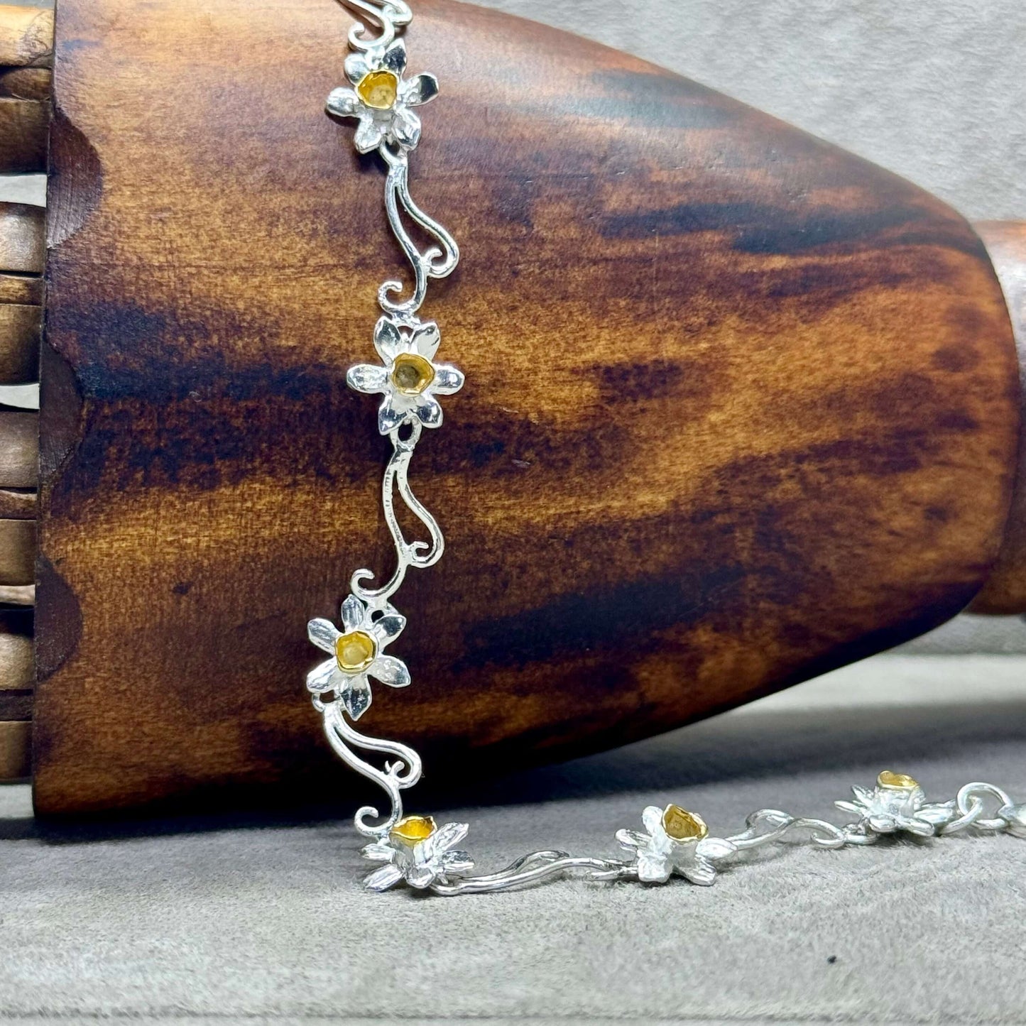 Gold Plated Daffodil's and Sterling Silver Bracelet - Twelve Silver Trees