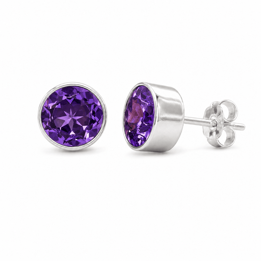 Handmade Sterling Silver 8mm Amethyst Stud Earrings - Twelve Silver Trees