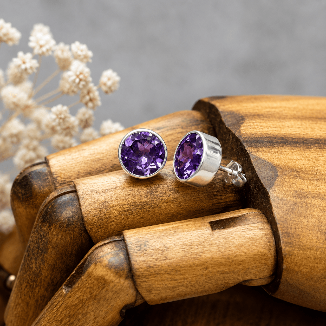 Handmade Sterling Silver 8mm Amethyst Stud Earrings - Twelve Silver Trees