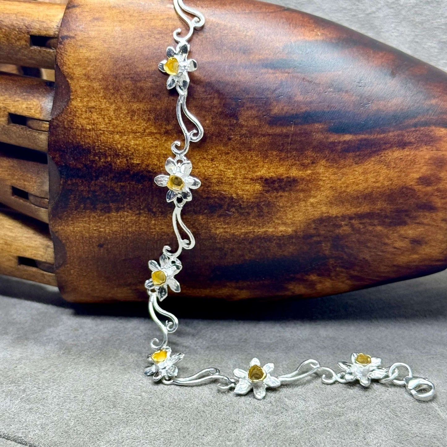 Gold Plated Daffodil's and Sterling Silver Bracelet - Twelve Silver Trees