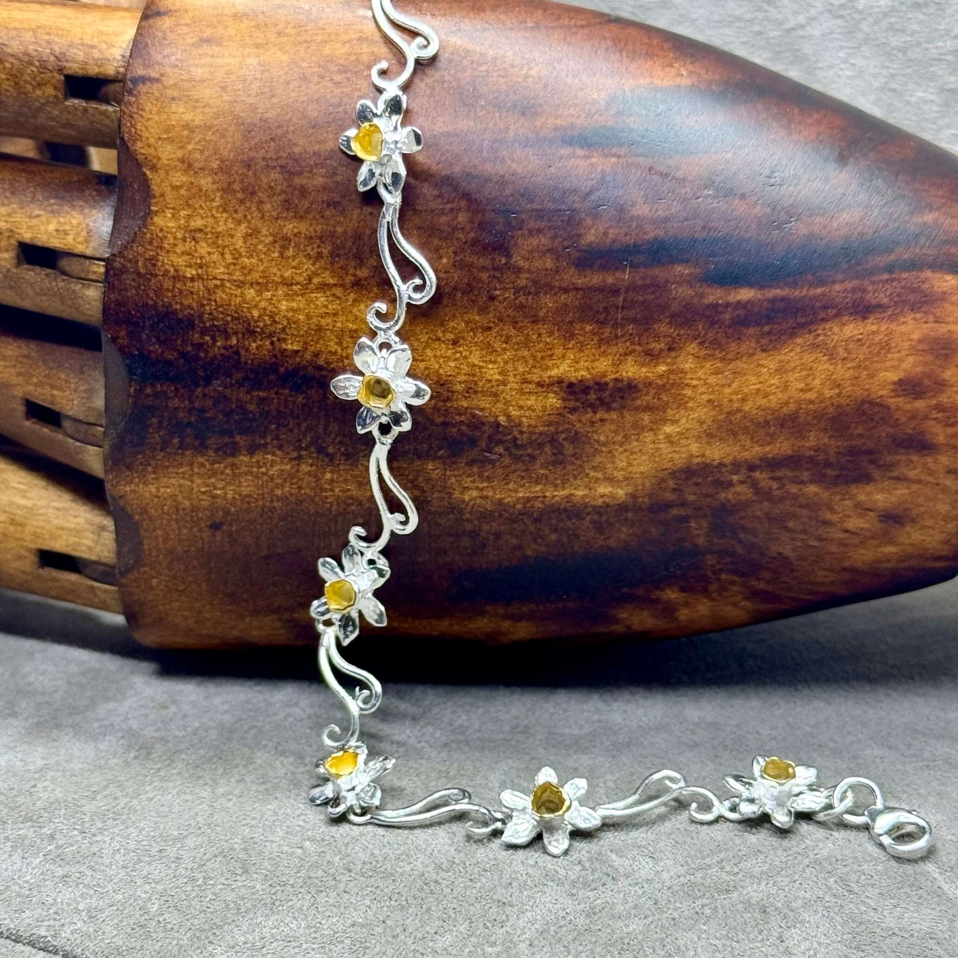 Gold Plated Daffodil's and Sterling Silver Bracelet - Twelve Silver Trees