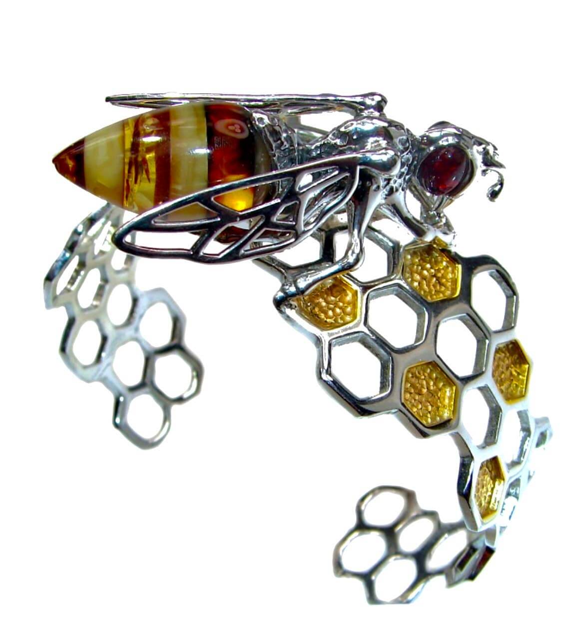 Amber Bee on Honeycomb Open Cuff Bracelet - Twelve Silver Trees