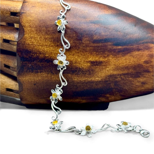 Gold Plated Daffodil's and Sterling Silver Bracelet - Twelve Silver Trees