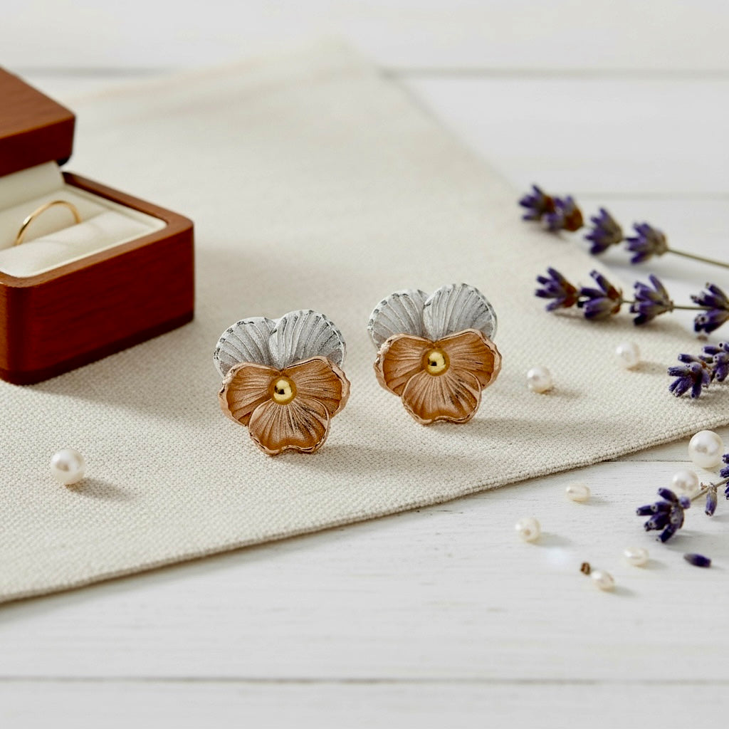 Violet Flower Stud Earrings In Sterling Silver & 18 Carat Gold - February Birth Flower - Twelve Silver Trees