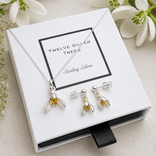 Snowdrop Flower Pendant And Earring Gift Set - Sterling Silver & 18 Carat Gold - Twelve Silver Trees