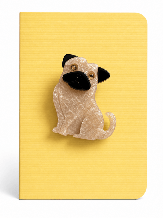 Cute pug keepsake card featuring a detailed pug dog brooch mounted on a textured greeting card, creating a thoughtful card and keepsake gift in one.