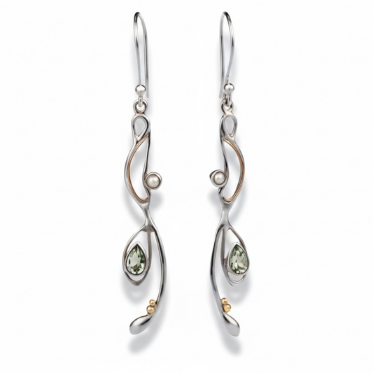 Green amethyst and freshwater pearl drop earrings in sterling silver with gold accents, sculptural Sunlit Earth design on white background
