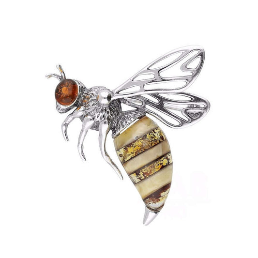 Baltic Amber Bee Extra Large Sterling Silver Brooch - Twelve Silver Trees