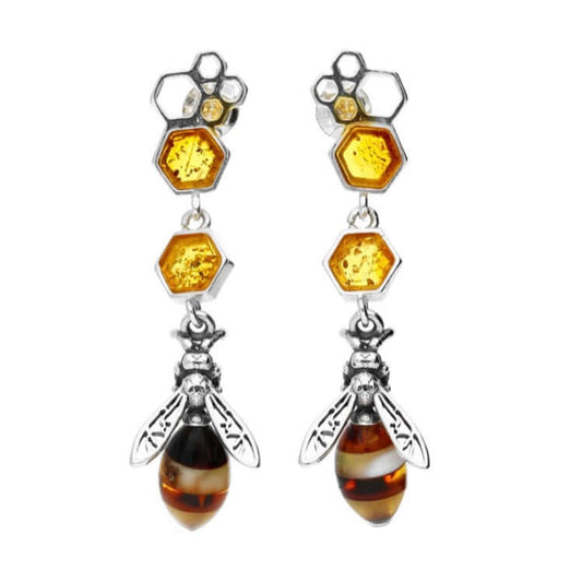 Baltic Amber Honeycomb & Bee Long Sterling Silver Earrings - Twelve Silver Trees