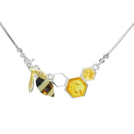 Baltic Amber Honeycomb Bee Charm Sterling Silver Necklace - Twelve Silver Trees