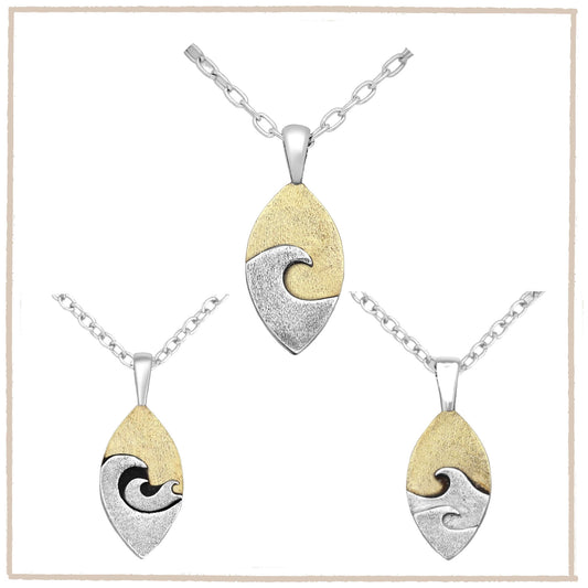Japanese Inspired Wave Sterling Silver & Brass Pendant - Twelve Silver Trees