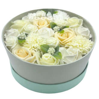 The White & Ivory Soap Flower Round Gift Box - Twelve Silver Trees