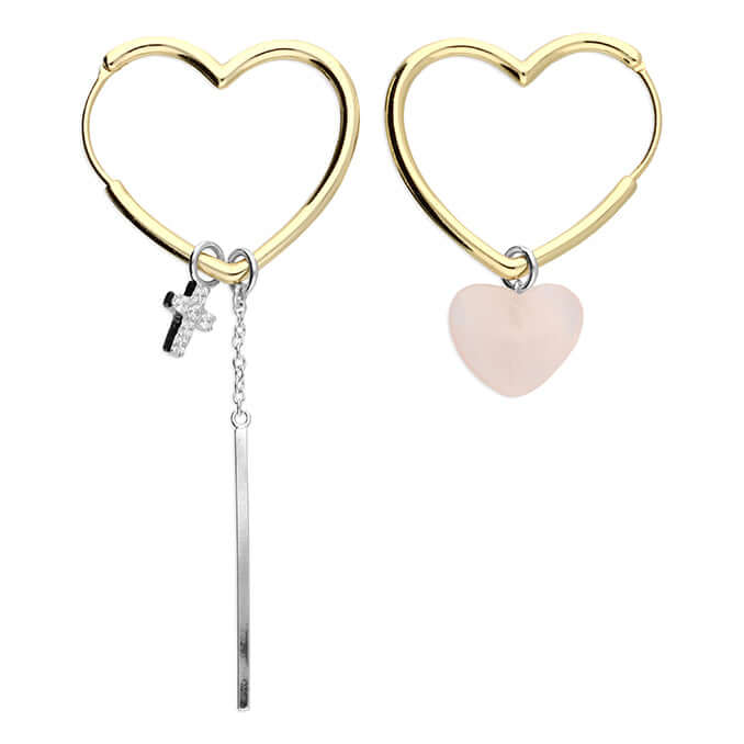 Asymmetric Heart Charm Earrings With Rose Quartz - Twelve Silver Trees