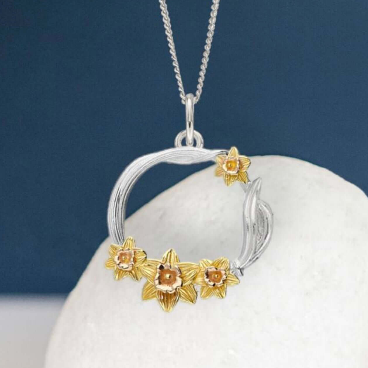 Two Tone Yellow Gold Daffodil Round Pendant in Sterling Silver - Twelve Silver Trees