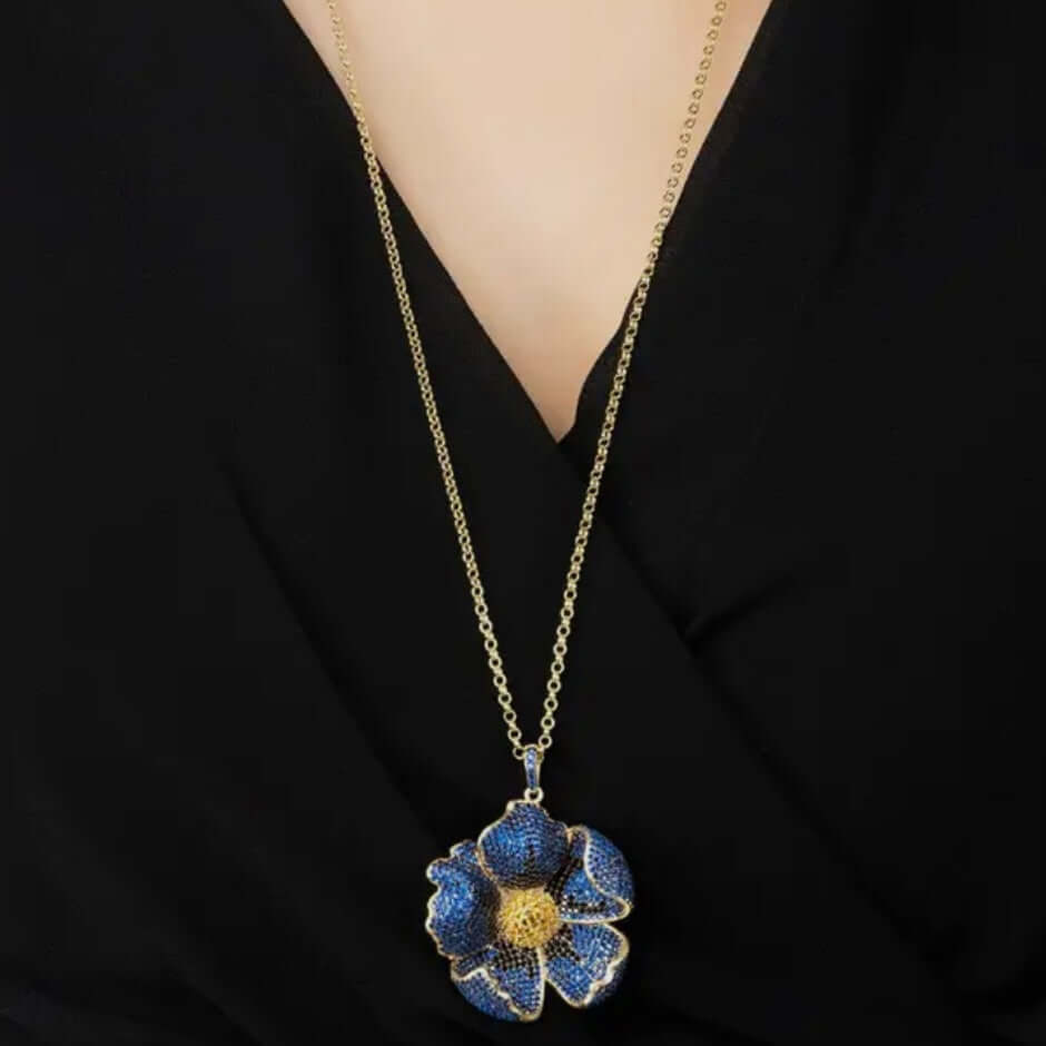 Poppy Flower Sapphire Blue Sterling Silver Pendant Necklace - Twelve Silver Trees