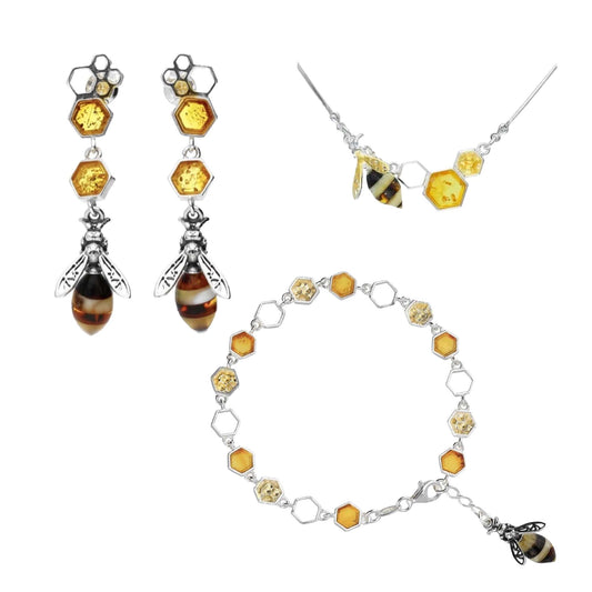 Baltic Amber & Sterling Silver Honeycomb Bee Jewellery Set - Twelve Silver Trees