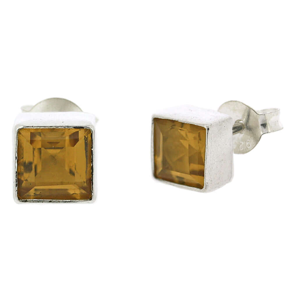 Square Citrine Sterling Silver Stud Earrings - Twelve Silver Trees