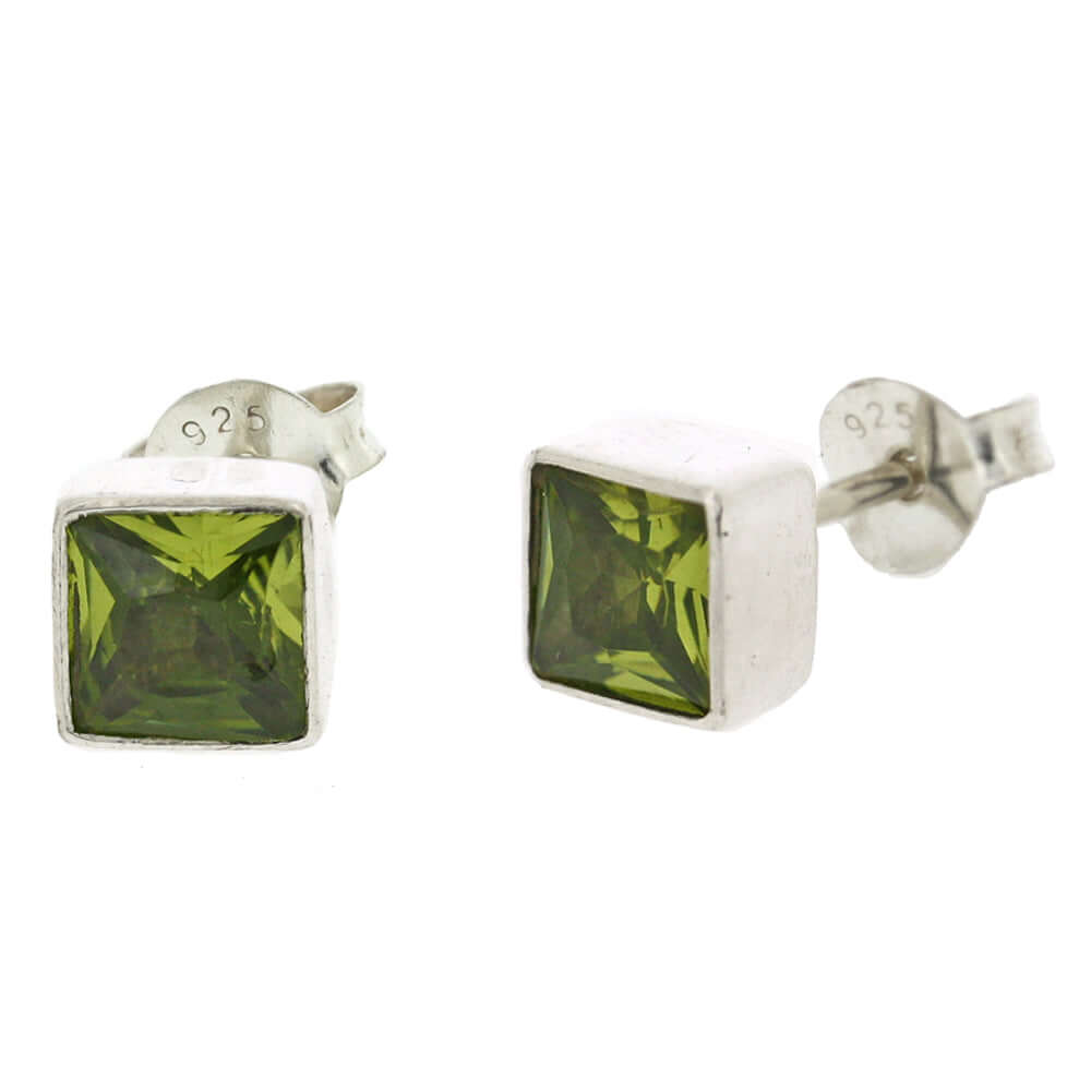 Square Peridot Sterling Silver Stud Earrings - Twelve Silver Trees