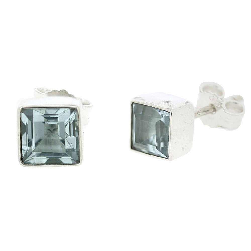 5mm Square Blue Topaz Sterling Silver Stud Earrings - Twelve Silver Trees