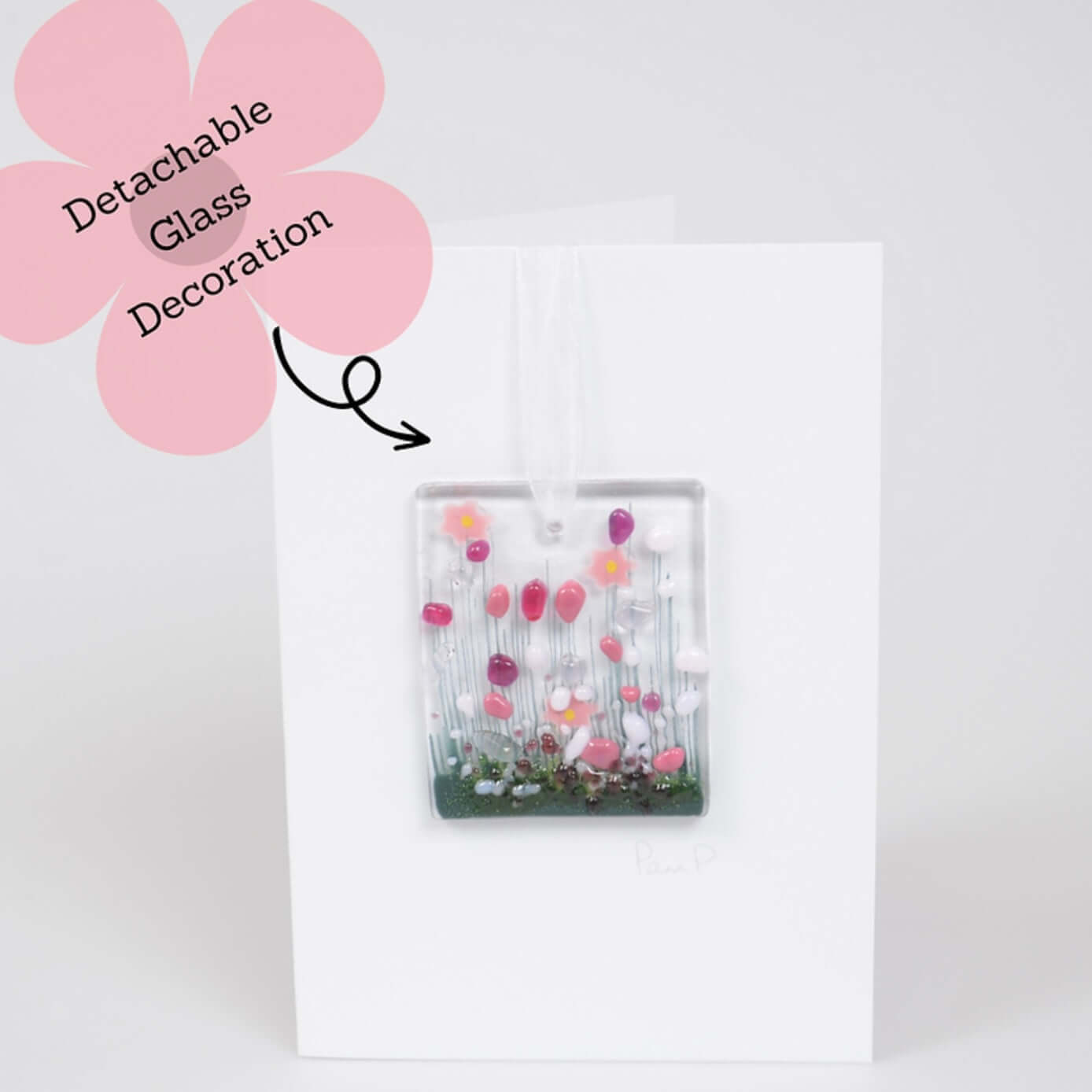 Blooming Flowers -  Handmade Fused Glass Hanging Token Greetings Card - Twelve Silver Trees