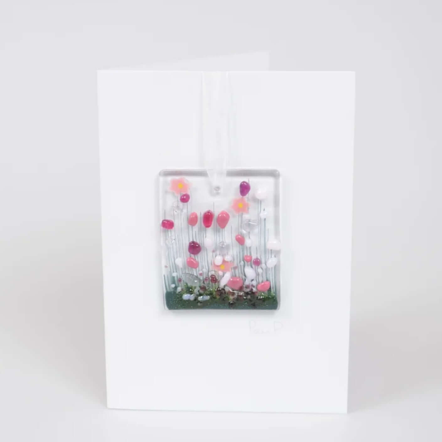 Blooming Flowers -  Handmade Fused Glass Hanging Token Greetings Card - Twelve Silver Trees