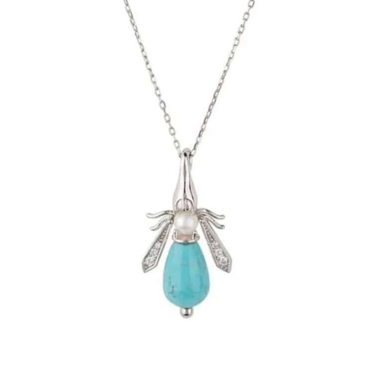 Turquoise & Pearl Gemstone Bee Pendant Sterling Silver Necklace - Twelve Silver Trees