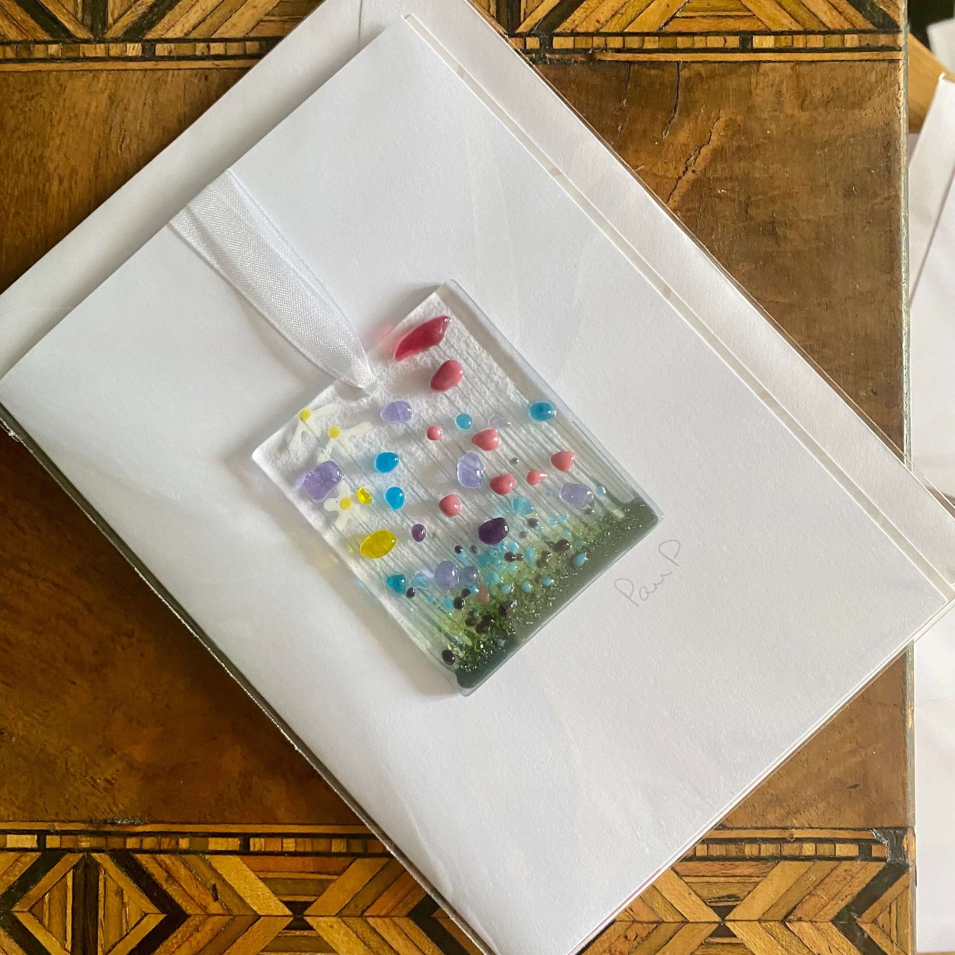 Wildflower Fused Glass Handmade Hanging Token Greetings Card - Twelve Silver Trees
