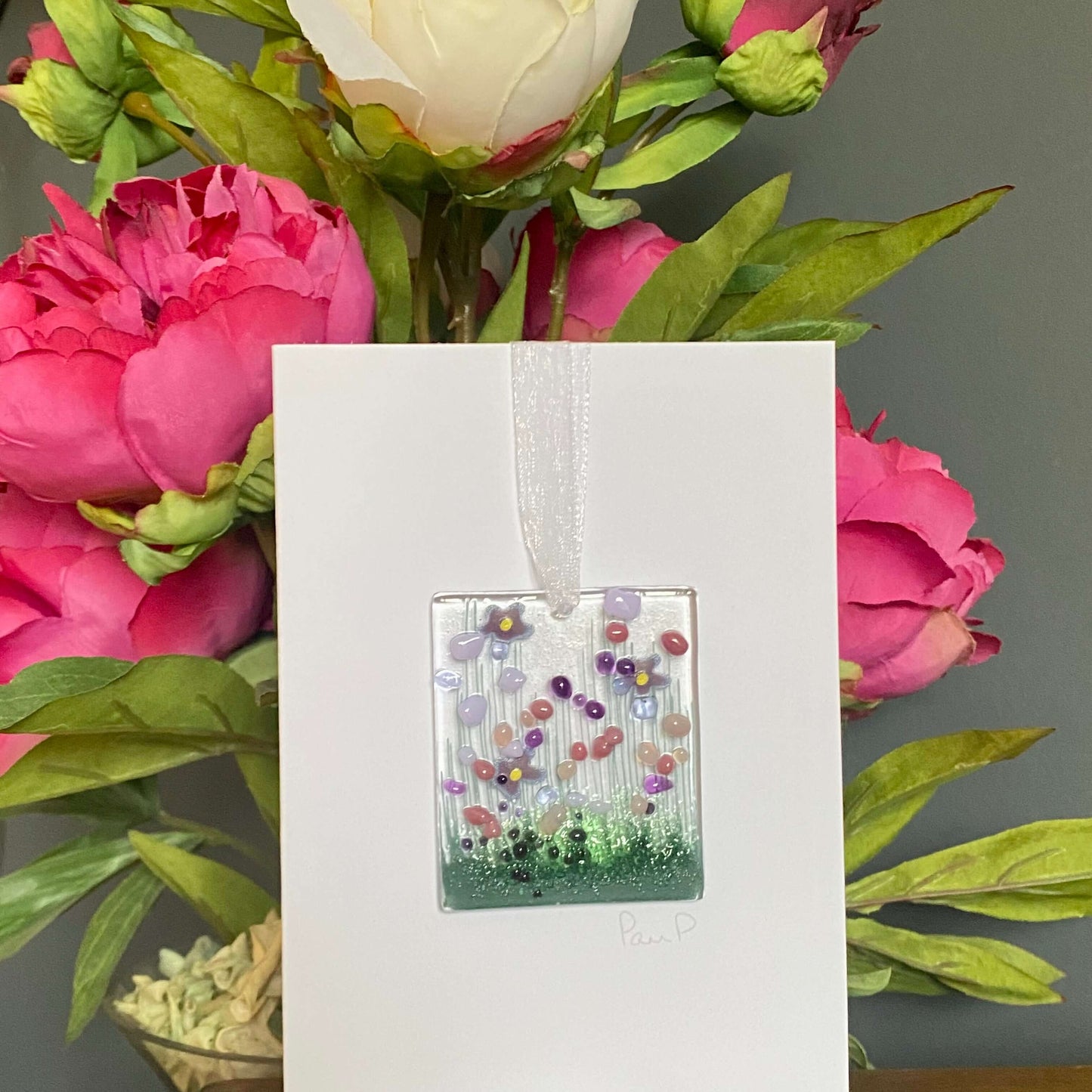 Violet Fused Glass Handmade Hanging Token Greetings Card - Twelve Silver Trees
