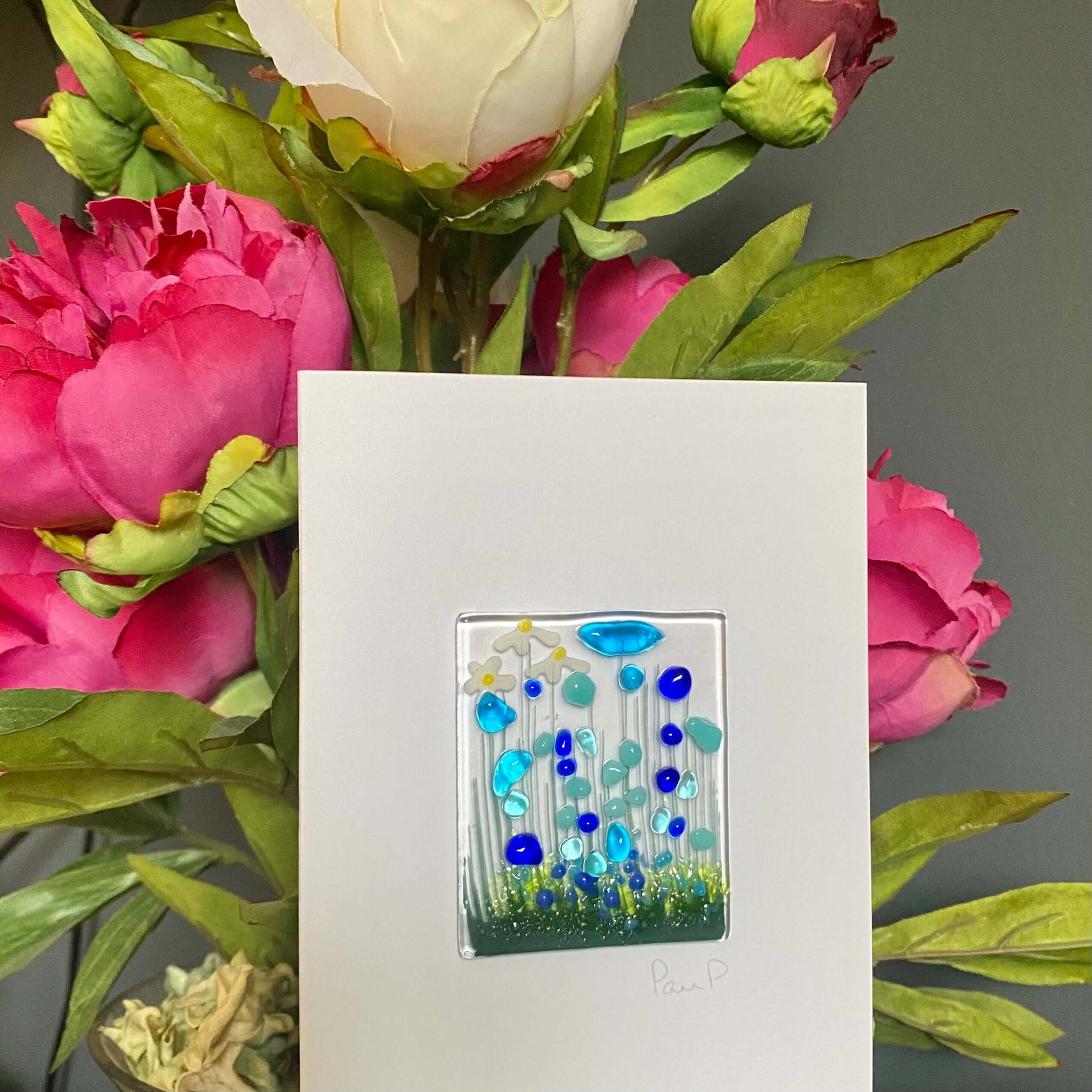 Cornflower Fused Glass Handmade Greetings Card - Twelve Silver Trees