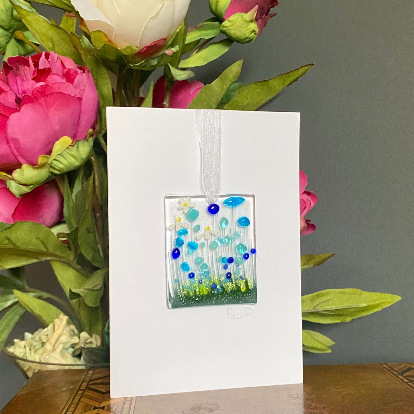 Cornflower Fused Glass Handmade Hanging Token Greetings Card Twelve Silver Trees