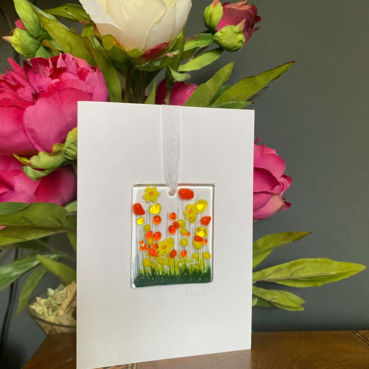 Daffodil Fused Glass Handmade Hanging Token Greetings Card Twelve Silver Trees