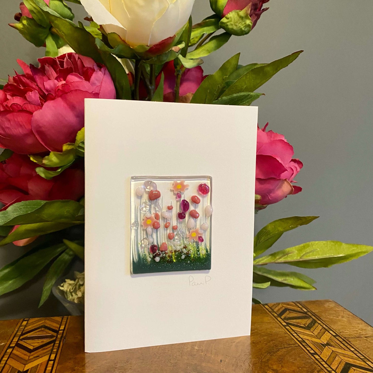 Blooming Fused  Glass Handmade Greetings Card - Twelve Silver Trees