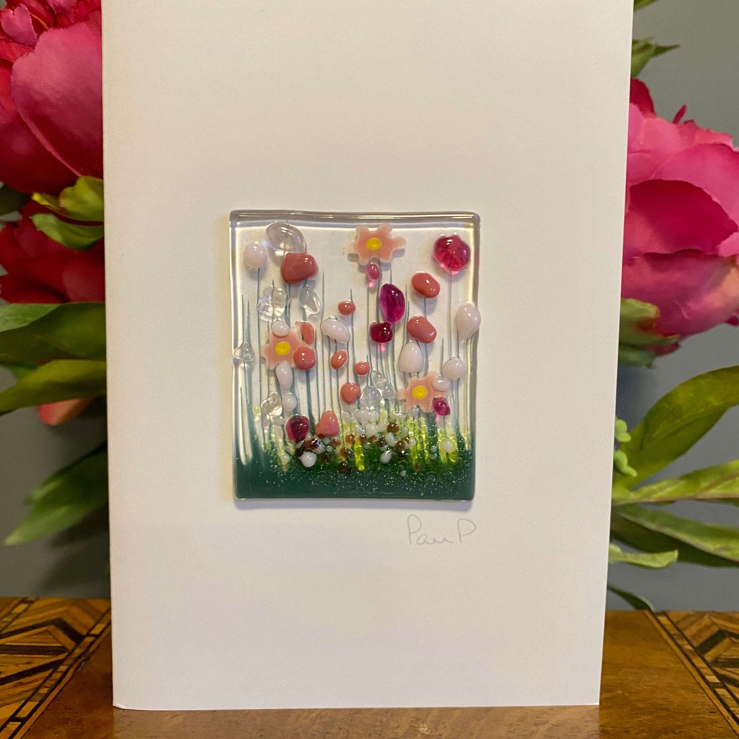 Blooming Fused  Glass Handmade Greetings Card - Twelve Silver Trees