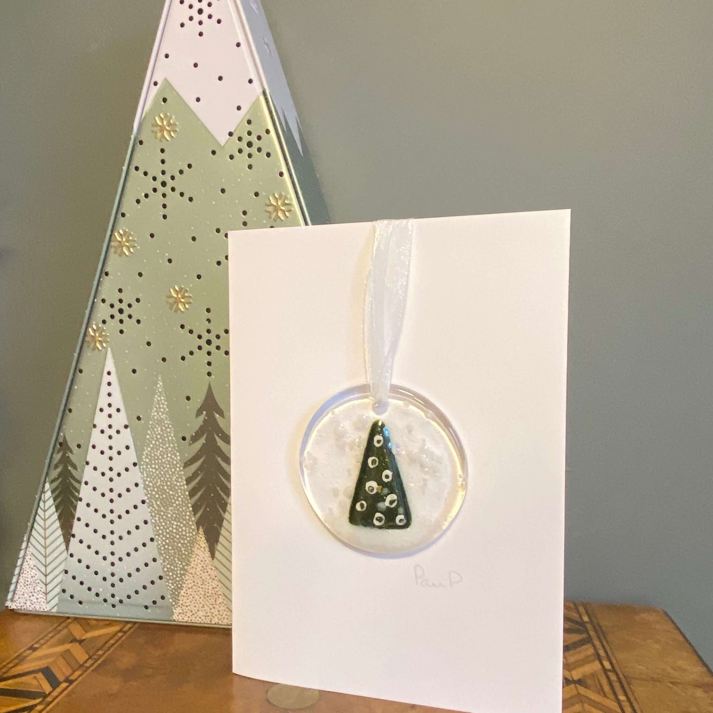 Christmas Snow Globe Fused Glass Christmas Card - Twelve Silver Trees