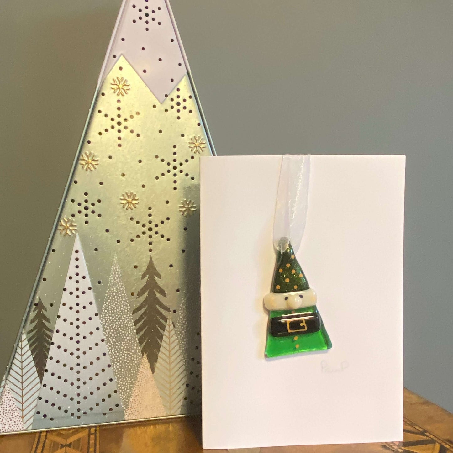 Hanging Elf Fused Glass Christmas Card Twelve Silver Trees