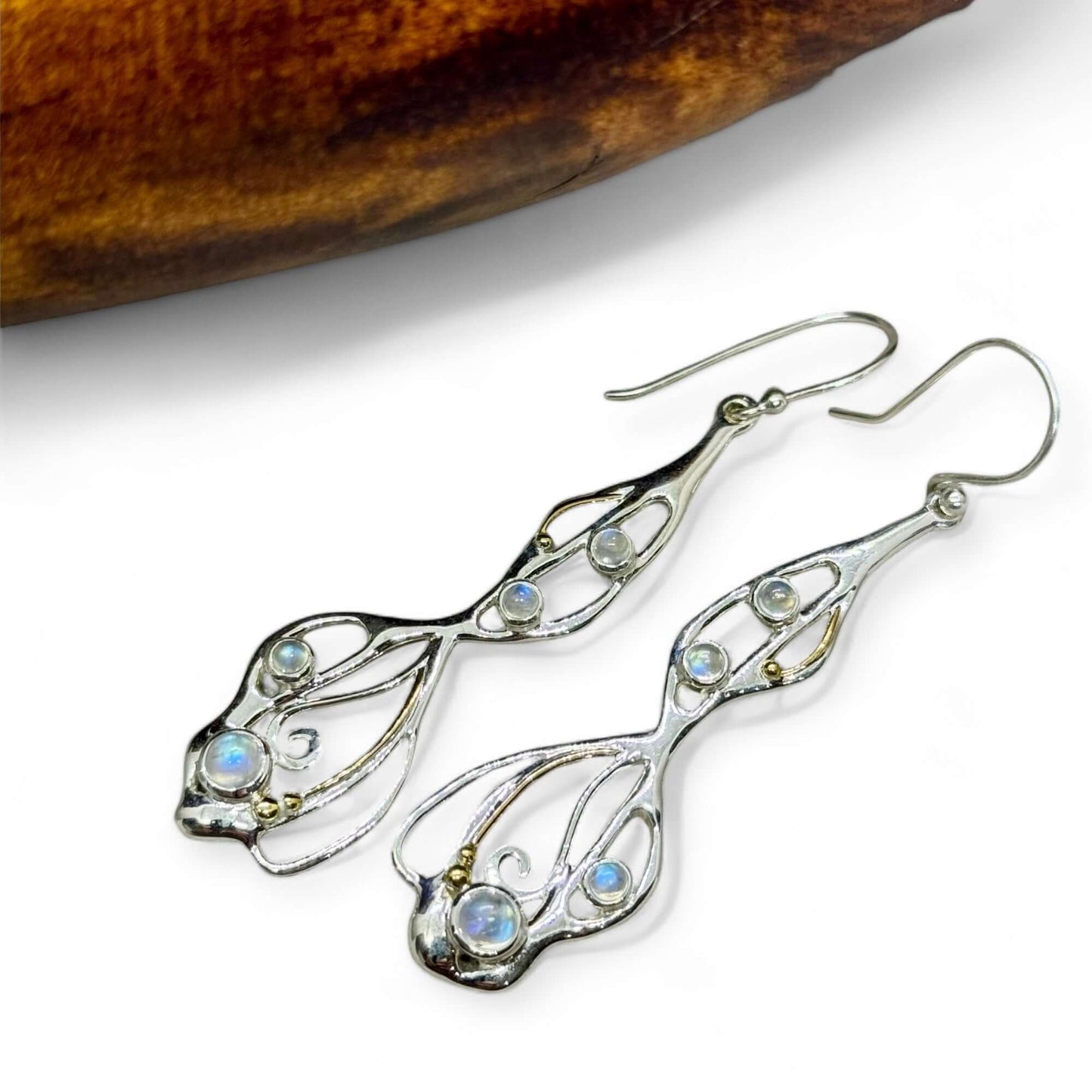 Cabochon Rainbow Moonstone Organic Flow Statement Earrings - Twelve Silver Trees