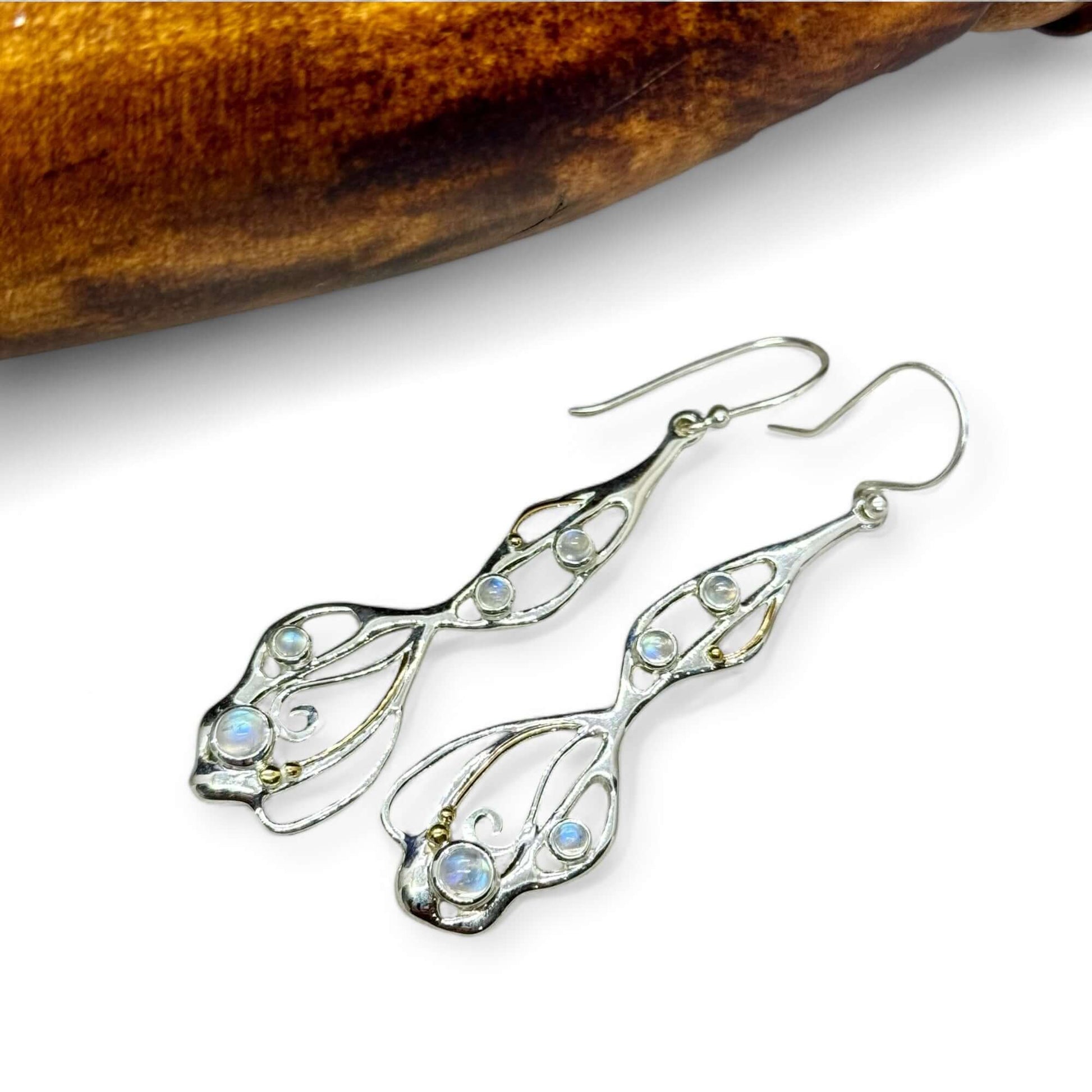 Cabochon Rainbow Moonstone Organic Flow Statement Earrings - Twelve Silver Trees