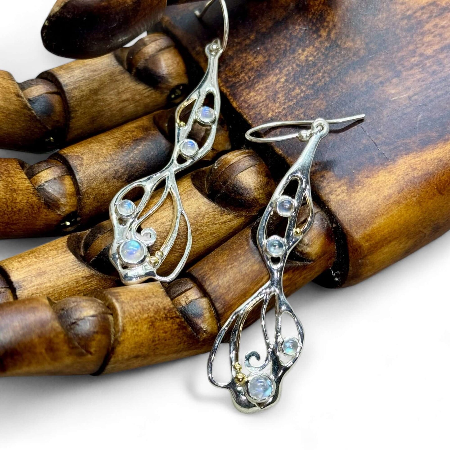 Cabochon Rainbow Moonstone Organic Flow Statement Earrings - Twelve Silver Trees