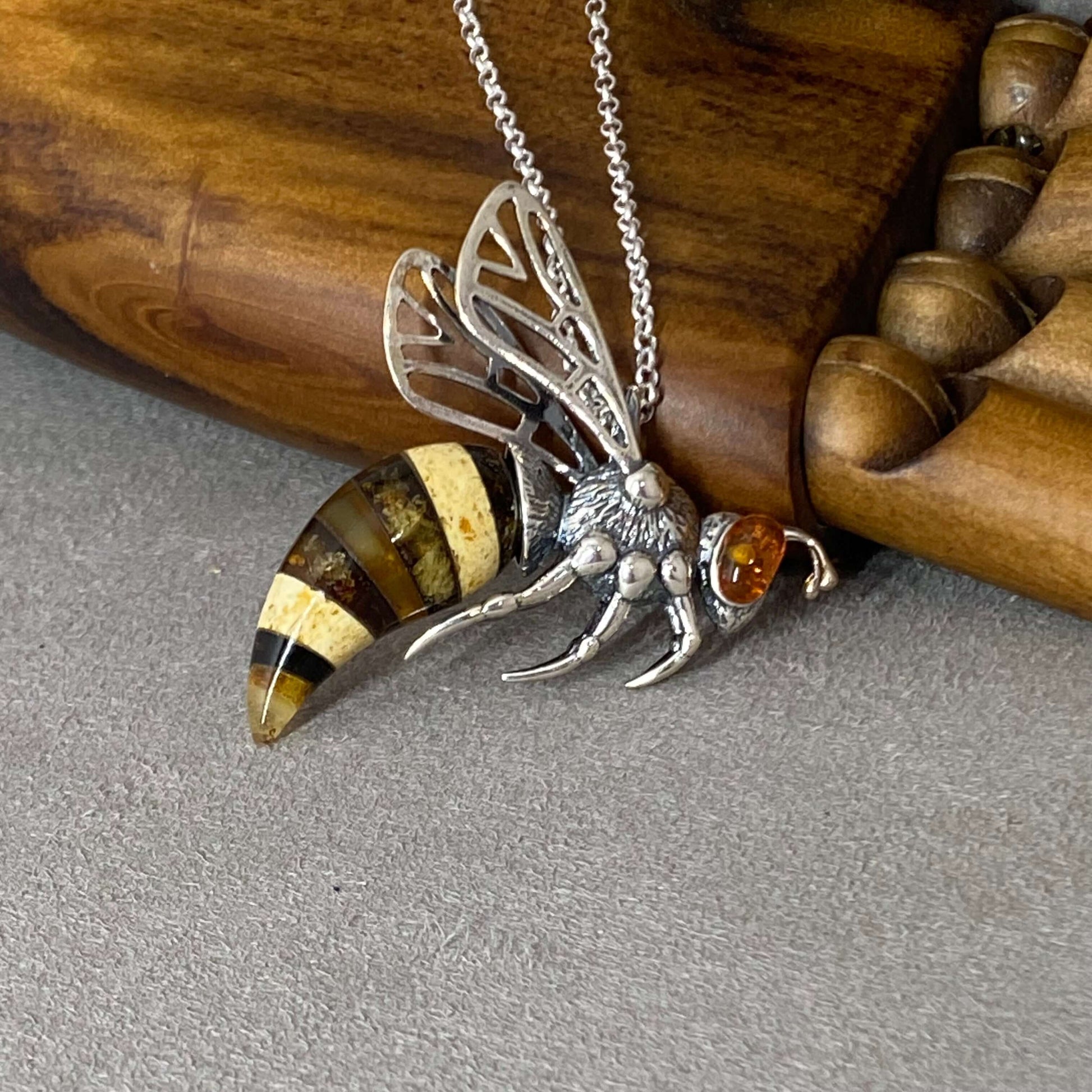 Baltic Amber Extra Large Bee Sterling Silver Pendant - Twelve Silver Trees