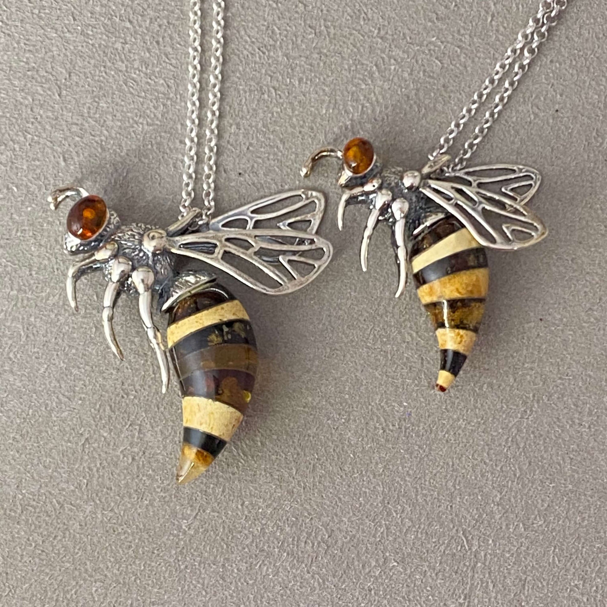 Baltic Amber Extra Large Bee Sterling Silver Pendant - Twelve Silver Trees