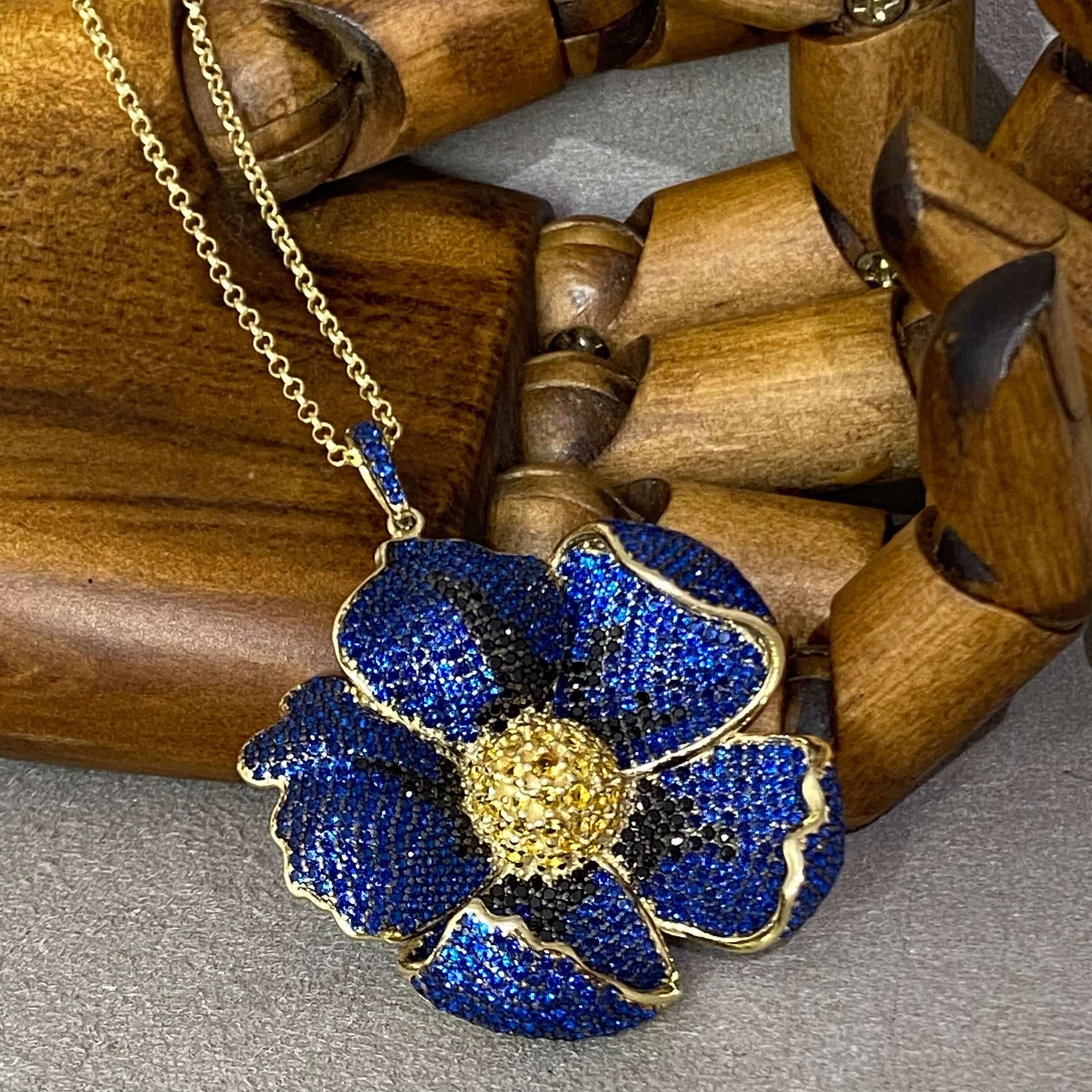 Poppy Flower Sapphire Blue Sterling Silver Pendant Necklace - Twelve Silver Trees