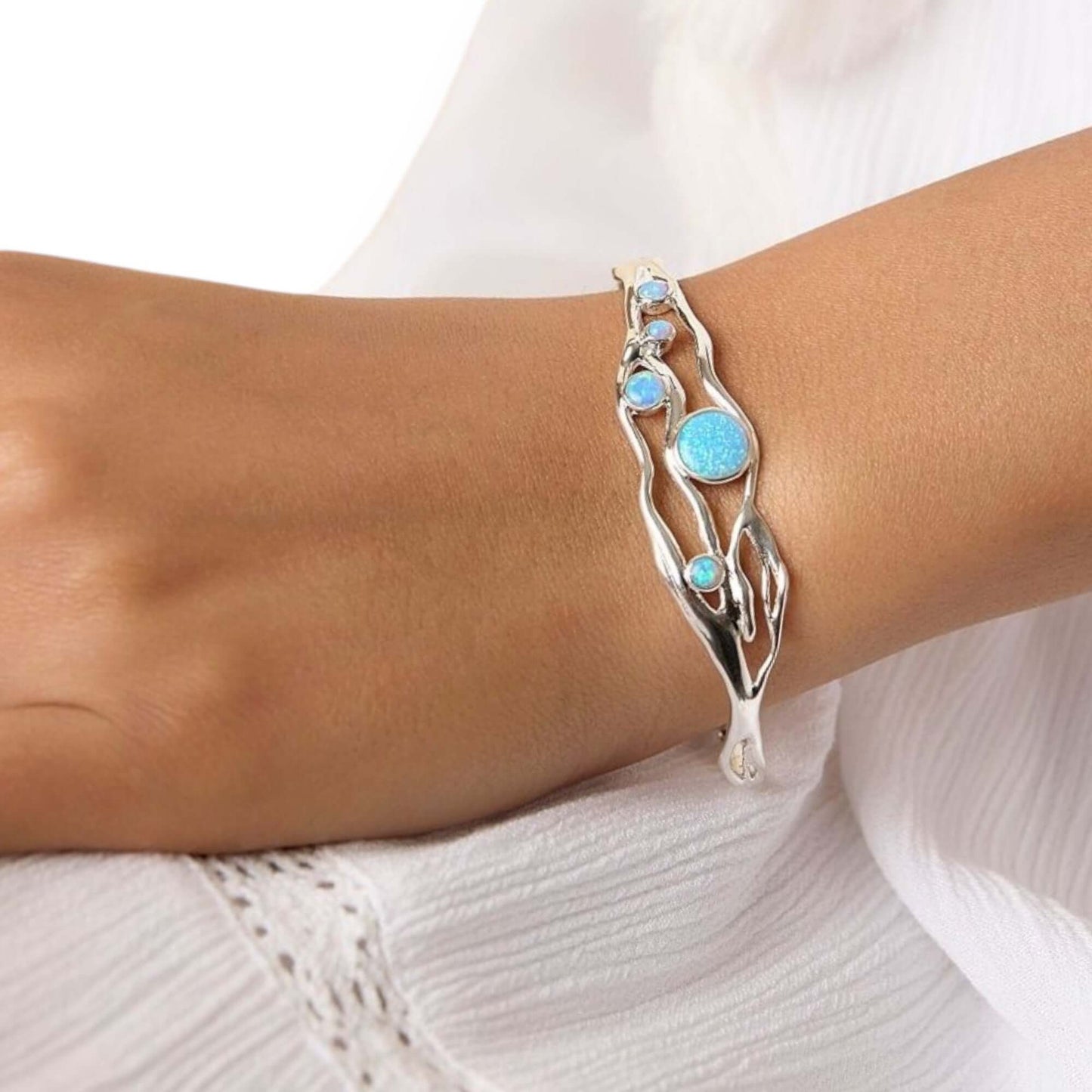 Blue and White Opal Organic Bracelet - Twelve Silver Trees