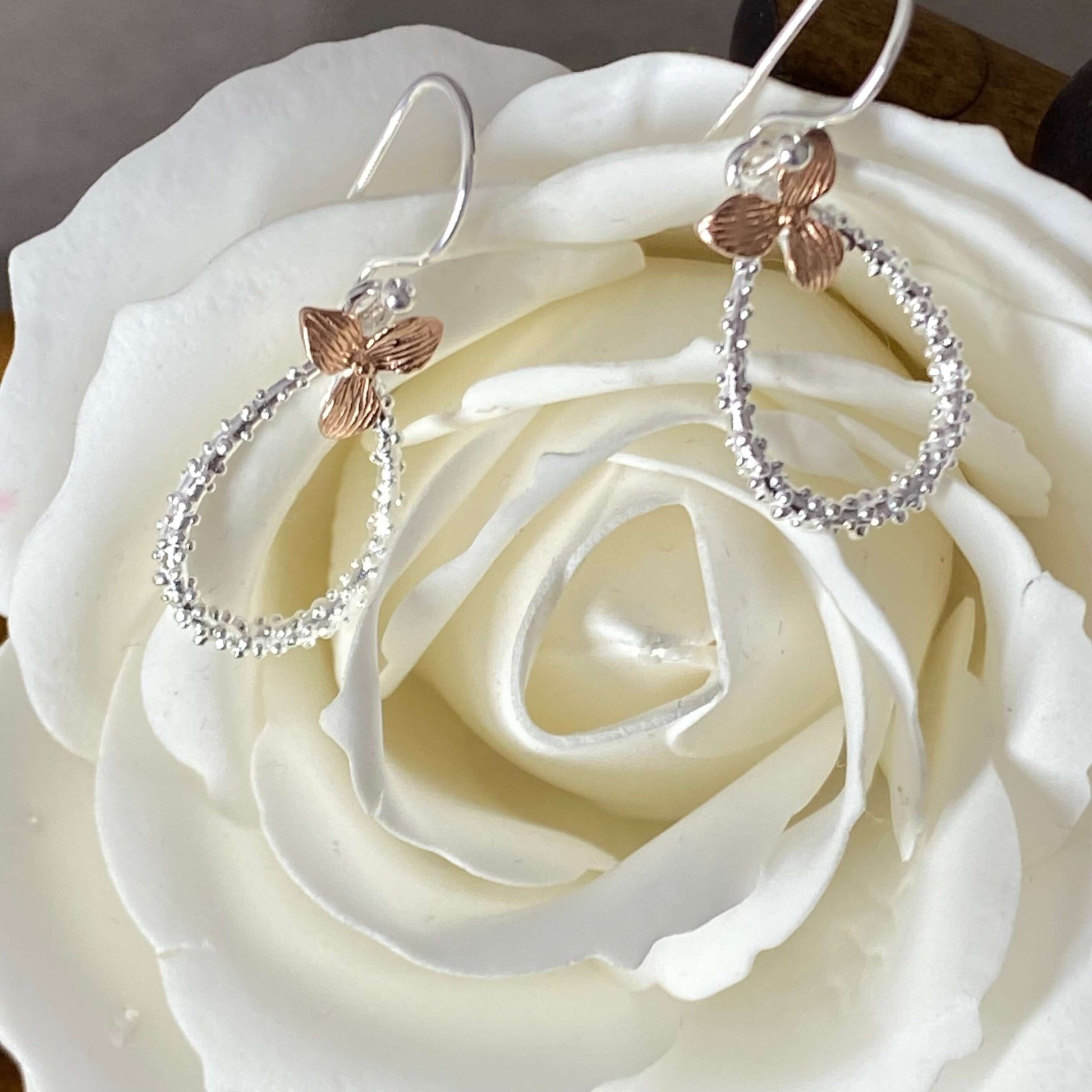 Trillium Flower Sterling Silver & Rose Gold Earrings - Twelve Silver Trees