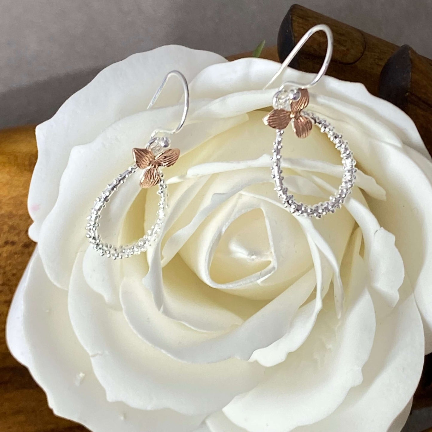 Trillium Flower Sterling Silver & Rose Gold Earrings - Twelve Silver Trees